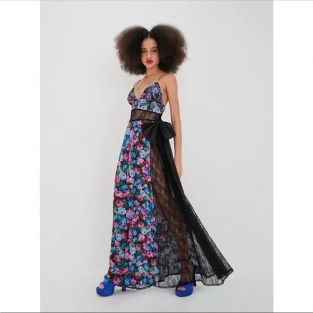For Love and Lemons Marley Maxi Dress Pink Roses Black Missing Bow Size M NEW - Picture 3 of 9